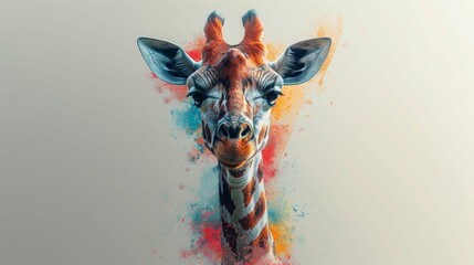 A giraffe with a colorful face is the main focus of the image - obrazy, fototapety, plakaty