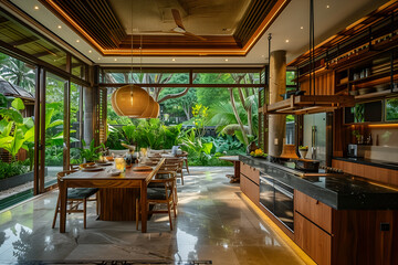 Modern cozy interior of a bright Balinese-style kitchen with many plants - obrazy, fototapety, plakaty