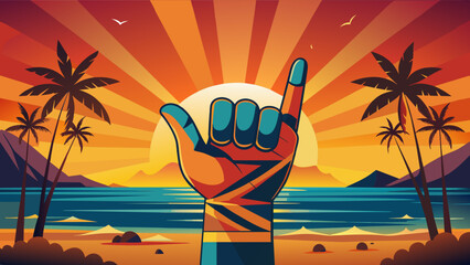 cartoon vector illustration shaka hand sign on a yellow, orange background on the yellow, orange background of the sunset sunrise at sea greeting used in hawaiian and surfer culture. space for text © Bondgofoto