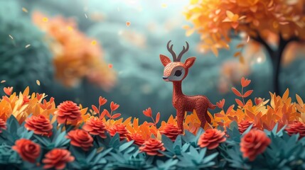 A deer is standing in a field of red flowers