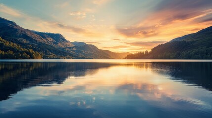Fototapeta na wymiar Sun Setting Over Lake With Mountain Backdrop