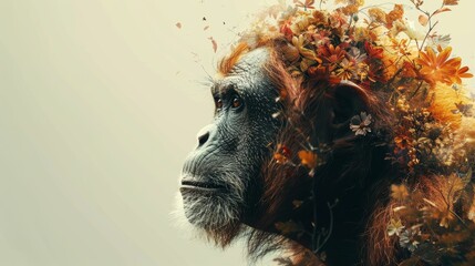 A monkey with a flowery mane is the main subject of the image - obrazy, fototapety, plakaty