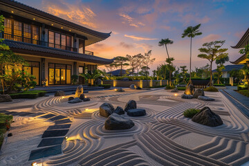 A luxurious mansion features a Japanese Zen garden with sand patterns and stone arrangements at...
