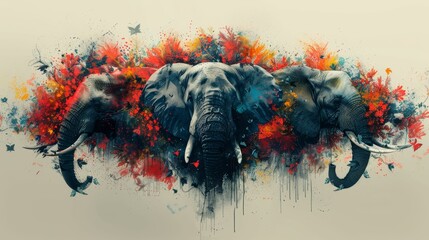 A painting of three elephants with their trunks raised - obrazy, fototapety, plakaty