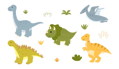 Set of funny dinosaurs in flat style. Vector collection of cute dino. Hand drawn cartoon, brontosaurus, tyrannosaurus, pterodactyl, triceratops, stegosaurus.