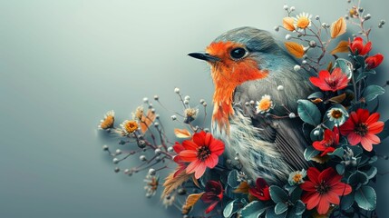 A bird is perched on a flower arrangement
