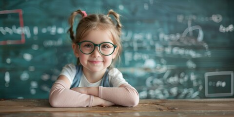 Little Girl With Glasses Sitting at Table - obrazy, fototapety, plakaty