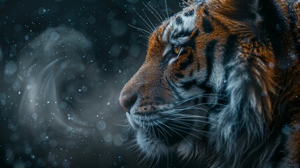 A tiger is staring at the camera with its eyes closed - obrazy, fototapety, plakaty