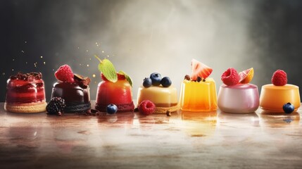 Laconic modern banner showing a variety of puddings and jellies, restaurant photo - obrazy, fototapety, plakaty
