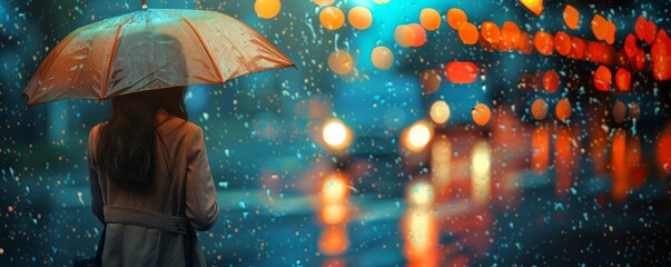 Woman Standing in Rain With Umbrella - obrazy, fototapety, plakaty