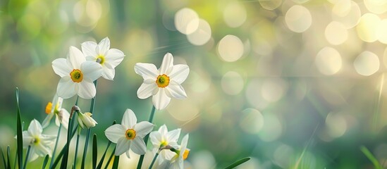 White daffodil flowers blooming in a sunny garden with a soft green natural background, symbolizing...