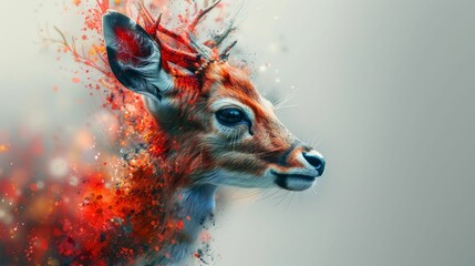A deer with red antlers is the main focus of the image - obrazy, fototapety, plakaty