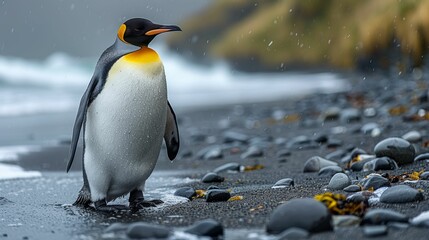 A penguin stands on a rocky beach