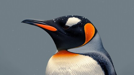 A penguin with orange beak and orange feet is standing on a grey background