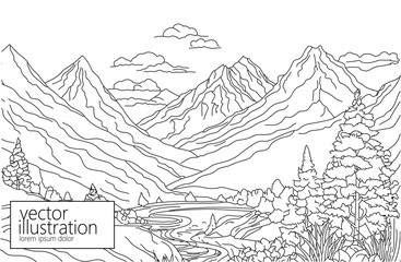 Forest with mountain line simple drawing background. Minimal outline art symbol hand drawn travel sketch. Isolated vector illustration