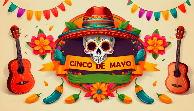 Cinco de Mayo Festival Skull and Items Banner created with generative ai