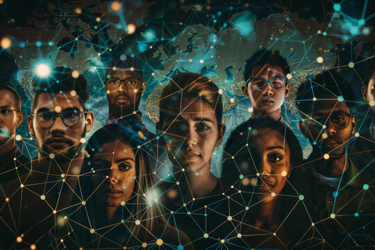 A group of people are standing in front of a globe