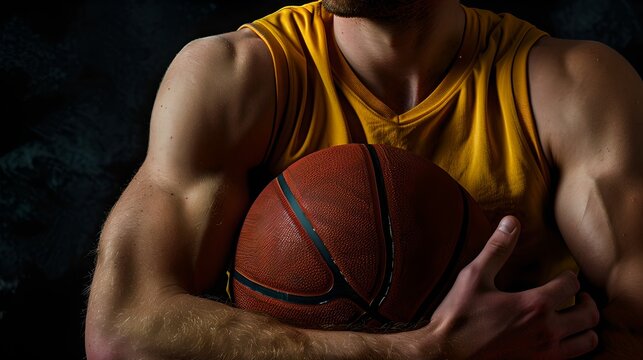 Close-up of muscled athlete in yellow tank top holding basketball. Dynamic, sports-themed image with a focus on strength and determination. Ideal for fitness and sports marketing. AI