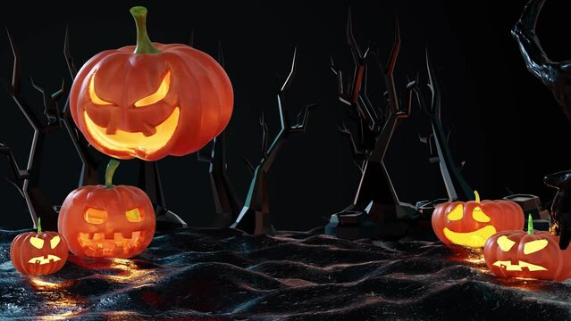 Halloween pumpkins rest upon a ground under the cloak of night. Suddenly, the largest and most menacing pumpkin springs to life, emitting a spine-chilling laughter that echoes through the darkness. 