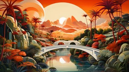 Foto op Plexiglas a red bridge over a waterway in a tropical landscape © Oleksandr
