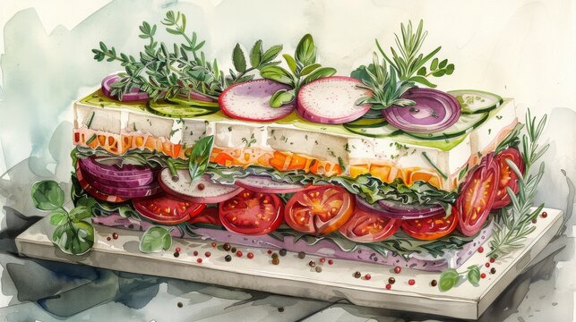 A Painting of a Sandwich With Vegetables