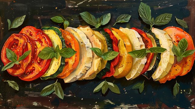 Sliced Tomatoes and Basil Leaves Painting
