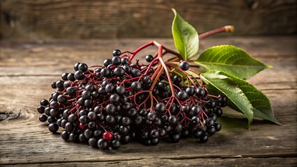 Generative ai. a pile of elder berries on a wooden table
