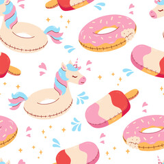 Seamless pattern with pool rubber ring. Swim rings on white background. Inflatable rubber toy for water and beach. Fun rubber rings in the form of pineapple, watermelon, unicorn and donut. Summer mood