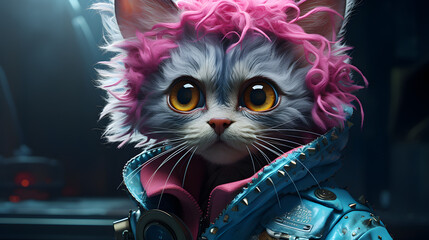 a small cat with pink eyeshadow and fluorescent blue face