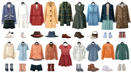 different clothes set collection. Isolated on white background Generative AI