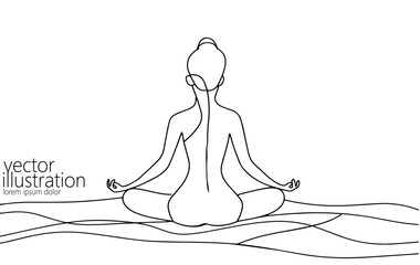One continuous line art yoga woman. Girl in lotus pose antistress meditation minimalist isolated sketch ink drawing. Vector illustration - obrazy, fototapety, plakaty
