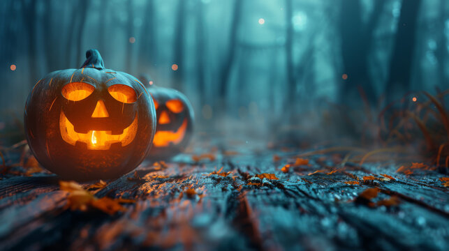 Spooky Pumpkins on wooden table with dark forrest in background - halloween wallpaper