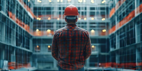 Engineer in work clothes and hard hat supervising construction at job site in modern industrial setting. Concept Construction Management, Engineering, Work Site Supervision, Industrial Setting