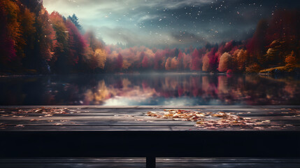 a wooden l shaped table with a view of a forest - obrazy, fototapety, plakaty