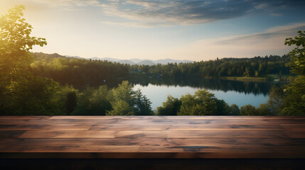 a wooden l shaped table with a view of a forest