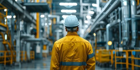 Engineer in work clothes and hard hat overseeing construction at a modern industrial factory. Concept Industrial Engineering, Factory Construction, Worker Safety, Modern Facilities