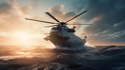 air force helicopter flying over a ship in the ocean - obrazy, fototapety, plakaty