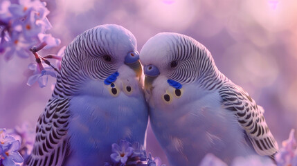 Two charming budgies sharing a tender moment of beak-to-beak affection against a soft lavender...