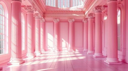 Pink interior classical columns background. 3d Rendering