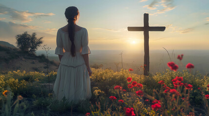 Woman from behind in front of old wooden cross