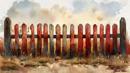 Fotobehang The ethereal beauty of watercolor textures, as they reveal the rustic charm of old wooden fences. © Muzamil