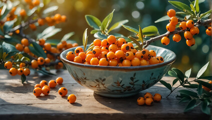 plate with fresh sea buckthorn in nature - obrazy, fototapety, plakaty