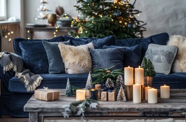 Living room with dark blue sofa with grey and white pillows on it, a wooden coffee table in front of the couch is decorated with candles and small Christmas trees