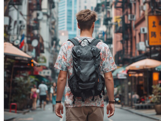 Young male tourist walking along a city street with a backpack.