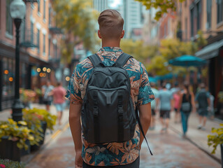 Young male tourist walking along a city street with a backpack.