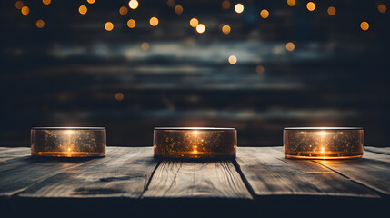 an empty wooden surface with lights and blurry background - obrazy, fototapety, plakaty