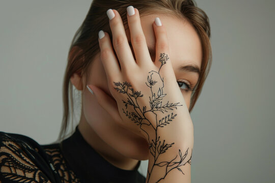A woman with a tattoo of flowers on her hand is posing for a picture