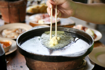 boiling butter on hot pan prepare for eating Thai barbecue buffet
