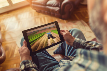 Close up of farmer hands holding digital tablet device and watching tractor in wheat field. Farmer is sitting in living room. Modern technology and harvesting concept - obrazy, fototapety, plakaty