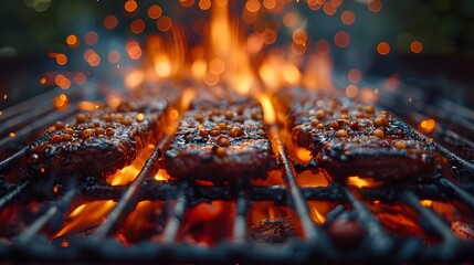 The sensory delight of a close-up view of a summer BBQ grill, where flames flicker and embers glow, setting the stage for a culinary masterpiece.